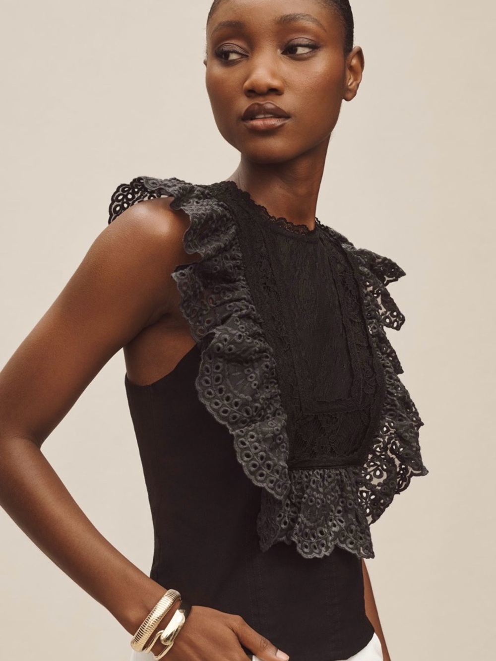 Anthropologie Black Lace Ruffled Sleeveless Top